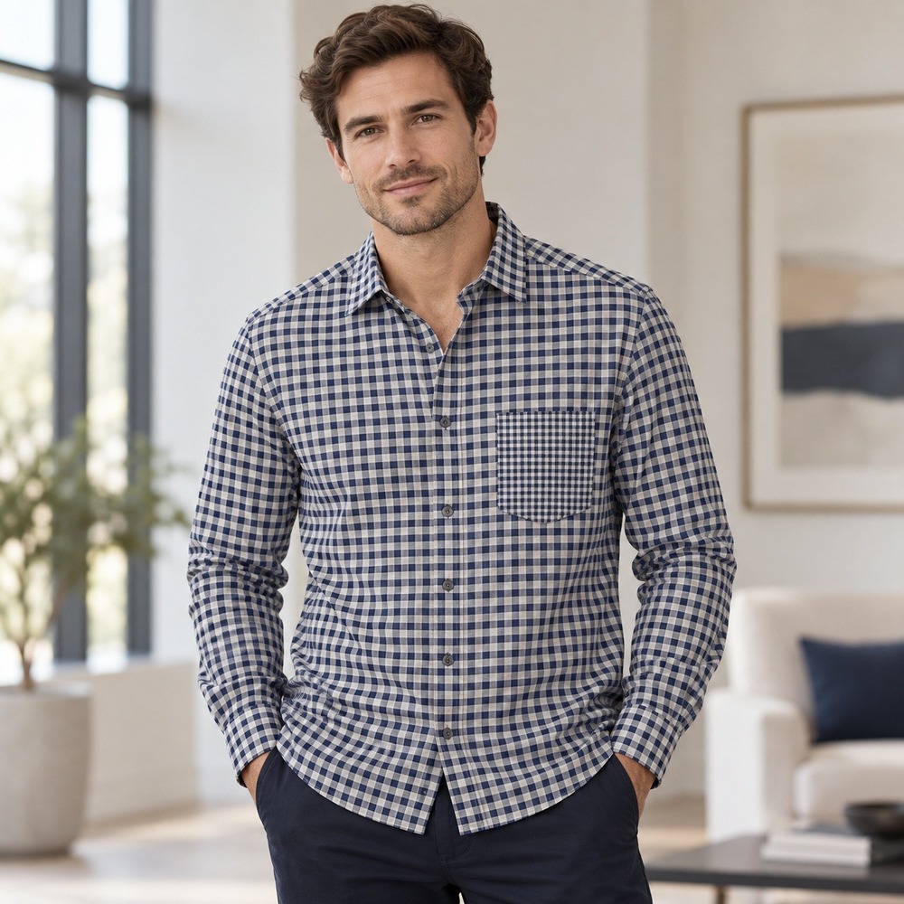 Hugo Boss Lance_54P Mens Regular Fit Gingham Plaid Button Down Shirt Blue Grey M